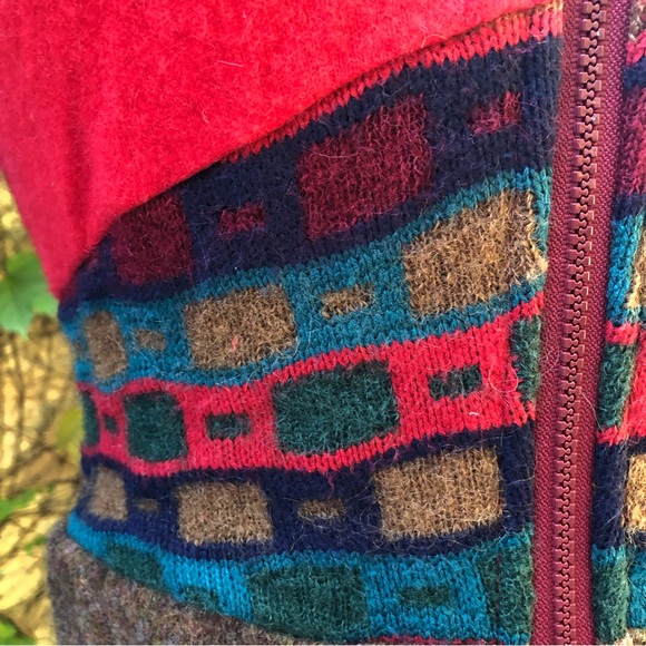 Retro Inspired Patchwork Sweater Red Green Medium Embody Zip Up - Picture 5 of 7